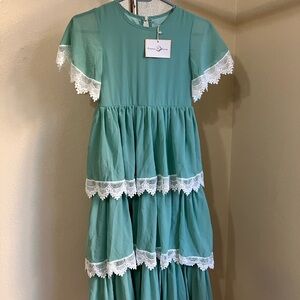 Green Lace Trim Kids Dress